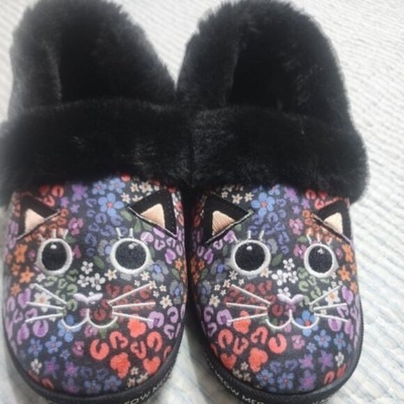 Bobs Skechers Too Cozy Meow Cat Slipper floral embroidered face Women's S-6 EUC - Picture 1 of 14